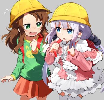2girls absurdres animal_print backpack bag blue_eyes brown_hair capelet cardigan center_frills child clenched_hand commentary_request dress_shirt flying_sweatdrops frills green_eyes green_shirt grey_background hair_bobbles hair_ornament hat highres holding_strap kanna_kamui kobayashi-san_chi_no_maidragon long_hair long_sleeves looking_at_another low_twintails multicolored_hair multiple_girls open_mouth pink_cardigan print_shirt purple_hair rabbit_print randoseru red_bag red_skirt rokochandayo saikawa_riko school_hat shirt skirt smile thighhighs twintails two-tone_hair very_long_hair white_capelet white_hair white_shirt white_skirt white_thighhighs yellow_hat
