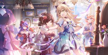 4girls alternate_costume black_dress black_gloves blonde_hair bottle bouquet breasts brown_hair cat_girl cat_tail chandelier chevreuse_(genshin_impact) chiori_(genshin_impact) cleavage closed_mouth commentary_request cowboy_shot crystalfly_(genshin_impact) csyday detached_sleeves dress drill_hair drill_ponytail elbow_gloves emilie_(genshin_impact) flower flower_over_eye genshin_impact glasses gloves green_eyes hair_flower hair_ornament hair_over_one_eye hand_on_own_hip highres holding holding_bottle holding_bouquet indoors kirara_(genshin_impact) looking_at_another mannequin medium_hair multiple_girls multiple_tails nekomata open_mouth parted_lips perfume_bottle pink_hair purple_hair red_eyes short_hair short_sleeves side_ponytail sleeveless sleeveless_dress smile strapless strapless_dress tail two_tails vase white_gloves window