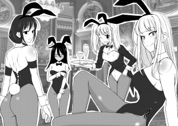Rule 34 | bags under eyes, blunt bangs, blush, breasts, closed mouth, greyscale, hair between eyes, highres, katou asuka, kuroki tomoko, long hair, monochrome, multiple girls, nemoto hina, open mouth, osumoto1, playboy bunny, smile, tamura yuri, watashi ga motenai no wa dou kangaetemo omaera ga warui!, yuri