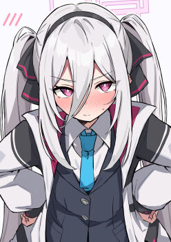 1girl alternate_hairstyle amenocchi blue_archive blue_hairband blue_necktie commentary_request hair_between_eyes hairband halo highres jacket kei_(blue_archive) kei_(new_body)_(blue_archive) long_hair looking_at_viewer necktie pink_eyes pink_halo solo twintails white_background white_jacket
