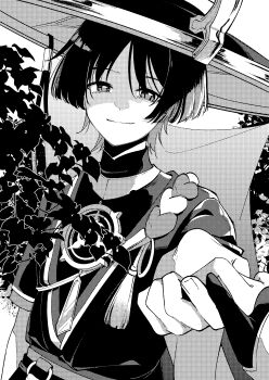 Rule 34 | 1boy, absurdres, arm at side, blunt ends, bodysuit, closed mouth, commentary request, female pov, fingernails, genshin impact, gloves, greyscale, hands up, hat, highres, holding hands, iwoarazumi129, japanese clothes, jewelry, jingasa, juban, kimono, layered sleeves, looking at viewer, lumine (genshin impact), mandarin collar, mitsudomoe (shape), monochrome, neck ring, o-ring, open clothes, open kimono, outdoors, parted bangs, partially fingerless gloves, plant, pov, rope, sash, scaramouche (genshin impact), shimenawa, short sleeves, smile, tassel, tomoe (symbol), tsurime, upper body, veil, white background, wispy bangs