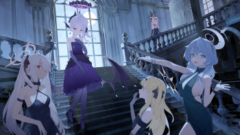 5girls absurdres against_fence ako_(blue_archive) ako_(dress)_(blue_archive) arm_strap backlighting bare_shoulders black_choker black_gloves black_halo blonde_hair blue_archive blue_eyes blue_hair blue_halo bow bracelet breasts chain chinatsu_(blue_archive) choker cleavage collarbone commentary_request crescent_print criss-cross_halter demon_girl demon_horns demon_wings dress earrings elbow_gloves evening_gown fanshuimucishen fence full_moon gloves grey_hair grey_halo hair_between_eyes hair_bow hair_over_one_eye hair_ribbon hairband halo halterneck height_difference highres hina_(blue_archive) hina_(dress)_(blue_archive) horns ibuki_(blue_archive) ibuki_(dress)_(blue_archive) incredibly_absurdres indoors iori_(blue_archive) jewelry large_breasts long_hair looking_at_another looking_at_viewer medium_breasts moon moonlight multicolored_halo multiple_girls necklace night night_sky official_alternate_costume official_alternate_hairstyle one_side_up orange_eyes pearl_necklace pendant_earring pink_hair pointy_ears prefect_team_(blue_archive) purple_dress purple_eyes purple_gloves red_eyes red_halo ribbon short_dress sideboob sidelocks single_earring sky small_breasts stairs starry_sky_print strapless strapless_dress twintails two-tone_halo wavy_hair white_hair window wings yellow_eyes yellow_halo