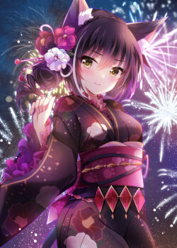 Rule 34 | 1girl, aerial fireworks, animal ear fluff, black flower, black hair, black kimono, braid, breasts, brown eyes, closed mouth, commentary request, crown braid, fireworks, floral print, flower, frilled sleeves, frills, hair between eyes, hair flower, hair ornament, hand up, ichiyou moka, japanese clothes, karyl (new year) (princess connect!), karyl (princess connect!), kimono, long sleeves, multicolored hair, night, obi, outdoors, pink flower, princess connect!, print kimono, sash, sky, small breasts, smile, solo, streaked hair, white flower, white hair, wide sleeves