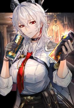 1girl absurdres black_choker black_horns black_pants breasts button_gap can chest_harness choker closed_mouth collared_shirt commentary_request curled_horns drink_can hair_between_eyes harness high-waist_pants highres holding holding_can horns indoors large_breasts looking_at_viewer mole mole_under_eye necktie pants red_eyes red_necktie shirt shirt_tucked_in smile solo upper_body white_shirt wuthering_waves yoru_shiki zani_(wuthering_waves)