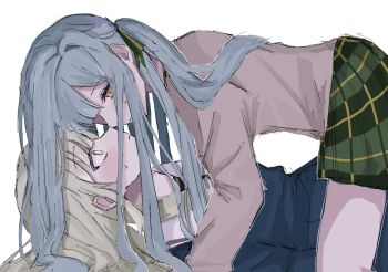 2girls bang_dream! bang_dream!_it&#039;s_mygo!!!!! blue_hair blue_shirt blue_skirt blush closed_mouth commentary_request eye_contact green_hair green_ribbon green_skirt grey_jacket hair_ribbon haneoka_school_uniform highres imminent_kiss jacket long_hair looking_at_another multiple_girls plaid_clothes plaid_skirt ribbon school_uniform shirt sidelocks simple_background skirt sweatdrop togawa_sakiko tsukinomori_school_uniform wakaba_mutsumi white_background wide-eyed yellow_eyes yukadon yuri yuruha_(yuruha_cat)