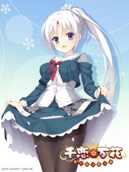 Rule 34 | 1girl, :d, ahoge, black pantyhose, blue background, blue eyes, blue flower, blue shirt, blue skirt, breasts, buttons, clothing cutout, company name, copyright logo, copyright notice, covered erect nipples, cowboy shot, crop top, crop top overhang, cropped jacket, cropped shirt, dress shirt, drop shadow, falling petals, floral print, floral print shirt, flower, gradient background, green background, grey shirt, hair flower, hair ornament, high ponytail, highres, holding own skirt, kobuichi, large breasts, light blush, logo, long hair, long sleeves, looking at viewer, miniskirt, neck ribbon, official art, official wallpaper, open mouth, pantyhose, petals, petticoat, pink petals, ponytail, red ribbon, ribbon, sailor collar, school uniform, senren banka, shirt, shirt overhang, shirt under shirt, shoulder cutout, simple background, skirt, skirt basket, skirt set, sleeve cuffs, smile, solo, standing, tomotake yoshino, two-tone shirt, very long hair, white hair, white sailor collar, white shirt, winter uniform