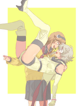 2girls absurdres black_hairband black_skirt blonde_hair blush boots chinese_commentary commentary elbow_gloves eye_contact floating_hair gloves hairband hand_on_another&#039;s_shoulder highres jiguang_haibao koishikawa_iko leotard long_hair long_sleeves looking_at_another multiple_girls neckerchief open_mouth pleated_skirt red_neckerchief school_uniform short_hair shy_(character) shy_(series) skirt smile sweater thigh_boots two-tone_background white_background white_boots white_gloves white_hair white_leotard yellow_background yellow_sweater yuri