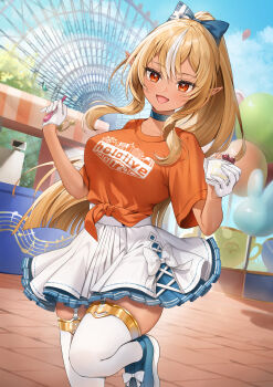 1girl :d absurdres amusement_park black_choker blonde_hair blue_sky bow choker cloud commentary_request cup dark-skinned_female dark_skin day elf ferris_wheel food garter_straps gloves hair_bow hands_up high_ponytail highres holding holding_cup holding_food holding_spoon hololive long_hair looking_at_viewer multicolored_hair open_mouth orange_eyes orange_shirt outdoors pleated_skirt pointy_ears ponytail print_shirt runlan_0329 shiranui_flare shiranui_flare_(1st_costume) shirt sidelocks skirt sky smile solo spoon streaked_hair t-shirt thighhighs virtual_youtuber white_gloves white_skirt white_thighhighs