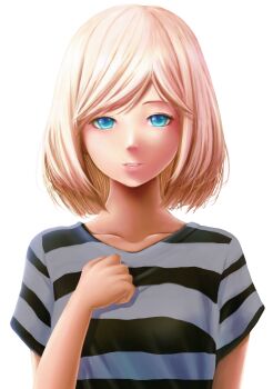 1girl absurdres blonde_hair blue_eyes blush byo_(daigakunote) collarbone hand_on_own_chest hand_up highres looking_at_viewer original parted_lips revision shirt short_hair short_sleeves simple_background smile solo striped_clothes striped_shirt teeth upper_body white_background