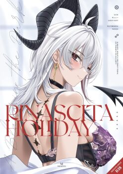 1girl ahoge artist_name bare_shoulders black_horns blush bra breasts chinese_commentary closed_mouth commentary_request cover cover_page curled_horns earrings grey_hair highres horns jewelry key_earrings large_breasts lingerie long_hair looking_at_viewer looking_back m_(1n910) median_furrow mole mole_under_eye purple_bra red_eyes smile solo tacet_mark_(wuthering_waves) underwear upper_body wuthering_waves zani_(wuthering_waves)