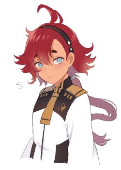 Rule 34 | 1girl, antenna hair, asticassia school uniform, black hairband, commentary request, dot nose, fhlen, flying sweatdrops, gundam, gundam suisei no majo, hair between eyes, hair flaps, hairband, highres, logo, long hair, looking at viewer, low ponytail, necktie, ponytail, red hair, school uniform, shoulder boards, simple background, solo, suletta mercury, thick eyebrows, white background, yellow necktie