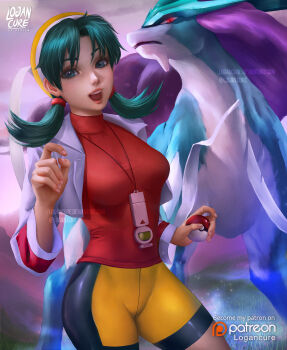 1girl absurdres artist_name bike_shorts black_shorts blue_eyes breasts cropped_jacket english_text gen_2_pokemon green_hair highres holding holding_poke_ball jacket jewelry kris_(pokemon) large_breasts legendary_pokemon logan_cure looking_at_viewer necklace nintendo open_clothes open_jacket open_mouth patreon_logo patreon_username poke_ball poke_ball_(basic) pokemon pokemon_gsc red_shirt shirt short_twintails shorts suicune turtleneck turtleneck_shirt twintails two-tone_shorts watermark white_jacket yellow_shorts
