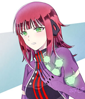 Rule 34 | 1girl, blue background, breasts, commentary, elbow gloves, gloves, green eyes, headphones, heattech leotard, highres, jacket, katori squad's uniform, katori youko, leotard, medium breasts, nagi0108 k, parted lips, purple gloves, purple jacket, red hair, signature, solo, turtleneck, two-tone background, white background, world trigger