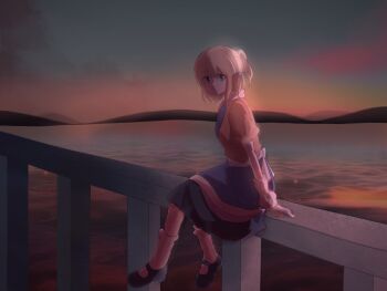 1girl black_shoes black_skirt blonde_hair brown_shirt closed_mouth commentary_request expressionless full_body green_eyes grey_sky half_updo highres horizon lake looking_at_viewer mary_janes mizuhashi_parsee on_railing outdoors pointy_ears ponytail railing sanqianzq shirt shoes short_hair short_ponytail short_sleeves sitting skirt sky socks solo sunset touhou water white_socks