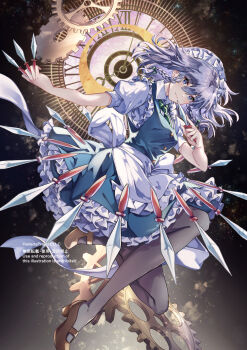 1girl absurdres analog_clock apron between_fingers blue_dress blue_eyes bow braid breasts brown_pantyhose brown_shoes clock closed_mouth collared_shirt commentary_request dress full_body gears green_bow grey_hair hair_bow high_heels highres holding holding_knife izayoi_sakuya knife knives_between_fingers long_hair looking_at_viewer maid maid_headdress nanop38 pantyhose pinafore_dress puffy_short_sleeves puffy_sleeves roman_numeral shirt shoes short_sleeves sleeveless sleeveless_dress smile solo touhou twin_braids waist_apron watermark white_apron white_shirt