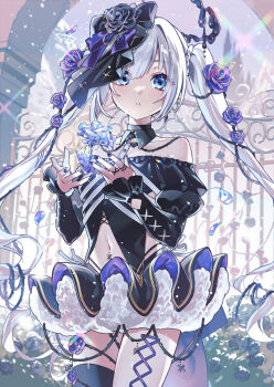 Rule 34 | 1girl, bare shoulders, black dress, black flower, black rose, black thighhighs, blue eyes, blue nails, commentary request, dress, flower, grey hair, hair between eyes, hair flower, hair ornament, highres, juliet sleeves, long hair, long sleeves, looking at viewer, nail polish, navel, nou (nounknown), off-shoulder dress, off shoulder, parted lips, petals, puffy sleeves, purple flower, purple rose, re:act, rose, rose petals, shirane yuki, sidelocks, single thighhigh, solo, thighhighs, twintails, very long hair, virtual youtuber
