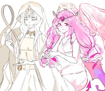 Rule 34 | 2girls, absurdres, angel wings, breasts, bright pupils, circlet, colored eyelashes, commentary, cookie run, cookie run: kingdom, dress, eternal sugar cookie, halo, hashtag-only commentary, highres, long hair, multiple girls, mystic flour cookie, parted lips, pink eyes, pink hair, pure 8, sleeveless, sleeveless dress, smile, veil, white dress, white hair, white pupils, white veil, white wings, wings