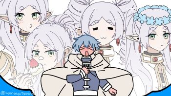 Rule 34 | > <, 1boy, 1girl, :3, black choker, blue background, blue flower, blue hair, blue jacket, blush, cake, cape, choker, closed eyes, clutching chest, d:, drill hair, dx, earrings, eating, elf, flower, food, food on face, forget-me-not (flower), frieren, gold trim, green eyes, grey cloak, grey hair, head wreath, hetero, highres, himmel (sousou no frieren), jacket, jewelry, light blush, long hair, open mouth, parted bangs, parted lips, pointy ears, puckered lips, shirt, short hair, sousou no frieren, strawberry cake, striped clothes, striped shirt, thick eyebrows, twin drills, twintails, twitter username, upper body, white cape, yunayuispink