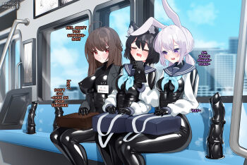3girls absurdres ahoge animal_ear_fluff animal_ears badge bag black_hair blue_neckerchief blush bodysuit breasts brown_hair change_in_common_sense dildo dildo_riding grey_hair highres impossible_bodysuit impossible_clothes latex latex_bodysuit long_hair maguro27 medium_breasts medium_hair multiple_girls neckerchief nipple_piercing open_mouth original phone piercing purple_eyes red_eyes sailor_collar sex_toy shrug_(clothing) sitting skin_tight train