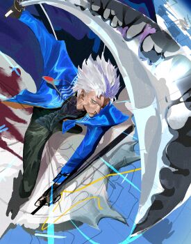 1boy black_gloves black_pants blood blue_coat blue_eyes closed_mouth coat commentary devil_may_cry_(series) english_commentary fingerless_gloves foreshortening gloves hair_slicked_back highres holding holding_sword holding_weapon jewelry kainonaut katana long_sleeves male_focus necklace pants solo sword vergil_(devil_may_cry) weapon white_hair yamato_(sword)