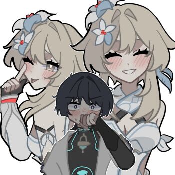 1boy 1girl ;p akanbe arm_cutout armor black_bodysuit black_bridal_gauntlets black_gloves black_hair blonde_hair blue_feathers blue_flower blue_trim blunt_ends blush bodysuit breasts bridal_gauntlets bright_pupils cleavage closed_eyes clothing_cutout covering_own_mouth detached_sleeves dress eyelashes eyelid_pull facing_viewer feather_hair_ornament feathers finger_to_eye flower genshin_impact gloves glowing_markings grin hair_flower hair_intakes hair_ornament halterneck hand_over_own_mouth hetero highres index_finger_raised japanese_armor japanese_clothes kimono kote kurokote looking_at_another looking_at_viewer lumine_(genshin_impact) messy_hair multicolored_flower multiple_views one_eye_closed open_clothes open_kimono partially_fingerless_gloves purple_eyes remhotaru scaramouche_(genshin_impact) scarf short_hair short_hair_with_long_locks short_sleeves shoulder_peek sidelocks small_breasts smile sweatdrop teeth tongue tongue_out upper_body vambraces wanderer_(genshin_impact) white_background white_dress white_flower white_kimono white_pupils white_scarf white_sleeves wide-eyed yellow_eyes