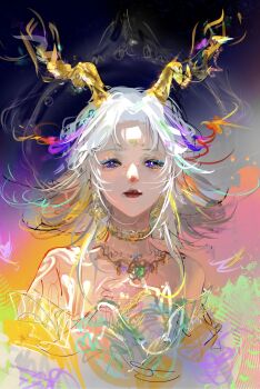 Rule 34 | 1girl, absurdres, antlers, aqua eyeliner, bare shoulders, black background, chinese clothes, chinese commentary, choker, chroma's mortal heart (infinity nikki), closed mouth, commentary request, deer antlers, detached sleeves, dress, expressionless, eyeliner, floating hair, flower tattoo, forehead tattoo, gem, gold choker, gold necklace, green gem, hair floating upwards, halo, halo behind head, highres, horns, infinity nikki, jewelry, jingjiu622, lipstick, long sleeves, looking at viewer, makeup, necklace, nikki (series), nostrils, orange background, purple eyes, red lips, short hair, shoulder tattoo, sketch, solo, strapless, strapless dress, tattoo, two-tone background, upper body, white dress, white hair, white sleeves, yellow horns