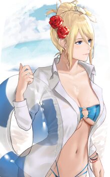 1girl alternate_costume beach bikini blonde_hair blue_bikini blue_eyes blue_sky bracelet breasts cleavage closed_mouth cloud collarbone collared_shirt day dress_shirt female_focus flower hair_between_eyes hair_bun hair_flower hair_ornament highres innertube j@ck jewelry large_breasts metroid multi-strapped_bikini navel nintendo ocean open_clothes open_shirt outdoors pink_lips samus_aran shirt sidelocks single_hair_bun sky solo standing strapless strapless_bikini swim_ring swimsuit water