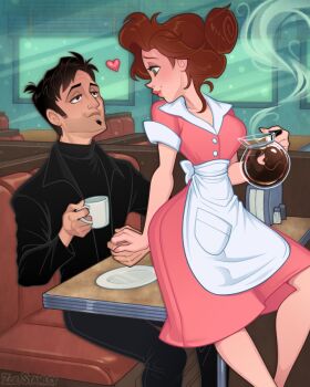 annie_hughes apron black_hair brown_hair coffee coffee_mug cup dean_mccopin disposable_coffee_cup disposable_cup jacket maid maid_apron maid_headdress mug sweater table the_iron_giant zoe_stanley