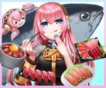 2girls blue_nails chibi chopsticks food hands_up licking_lips maguro_(drama) megurine_luka monoton_(neoteto) multiple_girls pink_hair sushi takoluka tongue tongue_out tuna upper_body vocaloid