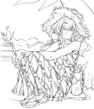 1girl absurdres against_tree bag bare_arms bird_of_paradise_flower fishnet_dress flower full_body greyscale hat highres holding holding_flower lineart looking_at_viewer marcus_(on_the_white_sand)_(reverse:1999) marcus_(reverse:1999) monochrome official_alternate_costume on_ground reverse:1999 sandals shell shorts shoulder_bag shuoyaori_xianding sitting smile solo starfish strapless straw_hat tree tube_top very_low_bun