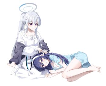 2girls animal_print bare_legs barefoot black_halo blue_archive blue_eyes blue_hair blue_pajamas blunt_bangs blush bow breasts cat_print cleavage closed_mouth commentary ear_cleaning frilled_pajamas frills frown full_body hair_between_eyes hair_bow hair_down hair_over_shoulder hairband halo hyuji_0w0 knees_up lap_pillow long_hair long_sleeves looking_at_another looking_at_viewer lying mechanical_halo medium_breasts mimikaki multiple_girls noa_(blue_archive) noa_(pajamas)_(blue_archive) official_alternate_costume official_alternate_hairstyle on_side pajamas ponytail puffy_long_sleeves puffy_sleeves purple_eyes short_sleeves sidelocks simple_background sitting smile straight_hair toes very_long_hair wariza white_background white_bow white_hair white_hairband white_halo white_pajamas yuuka_(blue_archive) yuuka_(pajamas)_(blue_archive)