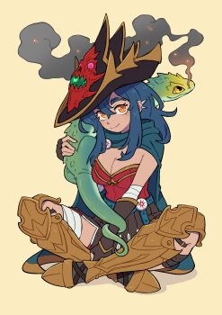 1girl absurdres animal armor armored_boots bandaged_arm bandaged_leg bandages belt blowing_smoke blue_hair blush boots breasts cape commentary commission dang_(runescape) doodlelotl duellist&#039;s_cap_(tier_6) english_commentary fingerless_gloves fire full_body gladiator gloves gradient_skin greaves green_belt green_cape hat highres holding holding_animal indian_style lizard lizard_tail long_hair looking_at_viewer medium_breasts old_school_runescape original poleyn runescape salamander second-party_source simple_background sitting smile spiked_ear_piercing sun_symbol tail thick_eyebrows yellow_eyes