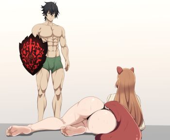 1boy 1girl ass barefoot black_hair brown_hair feet highres iwatani_naofumi long_hair muscular muscular_male raphtalia tate_no_yuusha_no_nariagari the_amazing_gambit