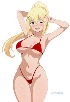 1girl absurdres arm_behind_head armpits arms_up bikini blonde_hair blue_eyes blush braid breasts cleavage collarbone commentary cowboy_shot darkness_(konosuba) frixtied gluteal_fold groin hair_ornament high_ponytail highleg highleg_bikini highres kono_subarashii_sekai_ni_shukufuku_wo! large_breasts long_hair looking_at_viewer navel one_eye_closed open_mouth ponytail ponytail_with_braided_base red_bikini simple_background smile solo string_bikini swimsuit teeth twitter_username upper_teeth_only v v_over_eye white_background x_hair_ornament