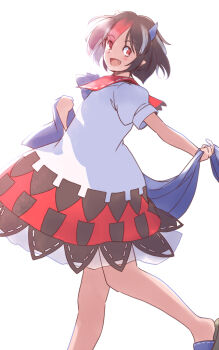 1girl :d arrow_print black_hair blanket blue_bow blue_bowtie blush bow bowtie breasts collar commentary_request dress fang foot_out_of_frame from_side holding holding_blanket kijin_seija knees looking_back medium_breasts one-hour_drawing_challenge open_mouth puffy_short_sleeves puffy_sleeves rangycrow red_collar red_eyes red_streaks see-through_silhouette short_sleeves slippers small_horns smile solo touhou white_background white_dress