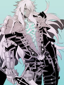 Rule 34 | 1boy, a nzi end, abs, bare pectorals, belt, closed mouth, collarbone, commentary request, cowboy shot, fate/apocrypha, fate (series), glowing, glowing tattoo, highres, long hair, male focus, monochrome, muscular, muscular male, navel, pectorals, shoulder pads, siegfried (fate), solo, tattoo