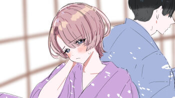 1boy 1girl :/ arimura_mao asymmetrical_bangs back-to-back bath_yukata black_hair blue_kimono blush collarbone commentary_request gakuen_idolmaster hair_over_one_eye hand_on_own_cheek hand_on_own_face idolmaster indoors japanese_clothes kasasagi_(futagodori888) kimono looking_ahead pink_hair pink_kimono producer_(idolmaster) purple_eyes sweat yukata
