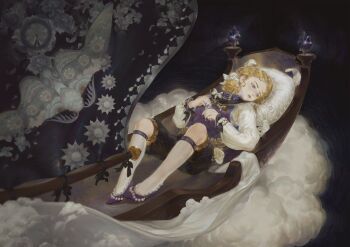 Rule 34 | 1girl, animal, beads, belt, belt collar, black background, black shorts, blanket, blonde hair, blue eyes, bow, bug, chinese commentary, cloud, collar, commentary request, cradle, expressionless, flower, full body, glass, glass rose, glegoo1993, hair bow, hair ornament, hair scrunchie, high heels, highres, holding, holding flower, insect, kneehighs, lipstick, long sleeves, lying, makeup, moth, on back, on bed, original, oversized animal, parted lips, pillow, pumps, purple belt, purple collar, purple footwear, purple vest, realistic, red lips, rose, scrunchie, shirt, short hair, shorts, socks, solo, thick eyebrows, vest, wavy hair, white bow, white shirt, white sleeves, white socks