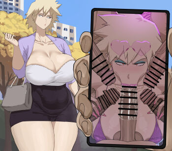 1girl bakugou_mitsuki boku_no_hero_academia breasts cellphone cyberboi fellatio group_sex huge_breasts mature_female multiple_boys oral out_of_frame out_of_frame_male penis phone pov smartphone