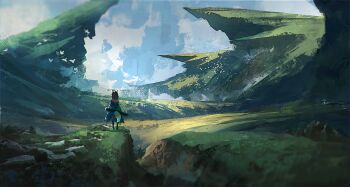 1girl amaryllis_no animal_ears bird black_hair cliff commentary day english_commentary facing_away fantasy flock from_behind highres landscape original outdoors rock scenery solo standing tail wide_shot wolf_ears wolf_tail