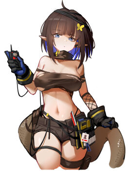 absurdres arknights bare_shoulders black_gloves blue_eyes boki-jg breasts brown_hair brown_shorts brown_tail butterfly_hair_ornament chinese_commentary closed_mouth colored_inner_hair commentary crop_top eunectes_(arknights) gloves hair_ornament hand_up highres holding large_breasts looking_at_viewer medium_hair midriff multicolored_hair navel pointy_ears purple_gloves purple_hair short_shorts shorts simple_background standing strap tail thigh_strap torn_clothes white_background