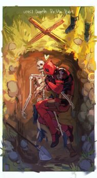 2boys absurdres black_bodysuit black_footwear bodysuit boots border deadpool deadpool_&amp;_wolverine deadpool_(series) english_text grass grave heart highres lying malin_linnn marvel multicolored_bodysuit multiple_boys on_side outdoors pocket red_bodysuit rock shadow shovel skeleton solo_focus standing superhero_costume two-tone_bodysuit white_border wolverine_(x-men) yellow_bodysuit