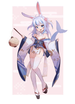 1girl absurdres animal_ears bare_shoulders blue_eyes blue_hair blunt_bangs fins fish_tail gawr_gura grey_hair highres hirotaka0125 hololive hololive_english japanese_clothes lantern long_hair medium_hair multicolored_hair okobo platform_sandals rabbit_ears sandals shark_girl shark_tail sharp_teeth solo streaked_hair tail teeth thighhighs two_side_up virtual_youtuber wide_sleeves
