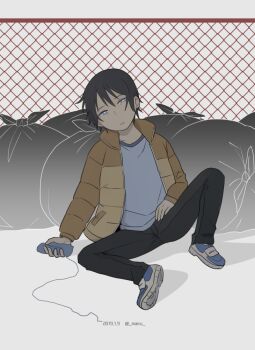 1boy black_hair black_pants blue_eyes boku_dake_ga_inai_machi brown_jacket chain-link_fence commentary_request dated fence fujinuma_satoru grey_background holding jacket looking_at_viewer loose_thread mairu_(582284310) male_focus pants parted_lips shoes short_hair sitting sneakers solo trash_bag twitter_username