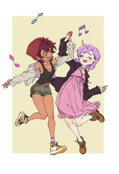 2girls alternate_costume amity_blight ankle_boots beanie boots brown_eyes brown_hair choker dancing dark_skin denim denim_shorts dress earrings hat highres holding_hands jacket jewelry kuma20151225 looking_at_another luz_noceda multiple_girls musical_note one_eye_closed open_clothes open_jacket pointy_ears purple_hair ribbon shoes short_hair short_shorts shorts simple_background smile sneakers sportswear the_owl_house yellow_eyes