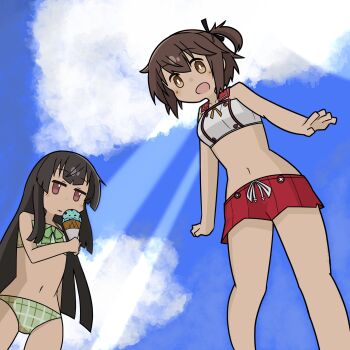 Rule 34 | 2girls, adapted costume, bikini, black hair, blue sky, blunt bangs, blush, breasts, brown eyes, brown hair, cloud, commentary request, day, etou kanami, food, from below, green bikini, highres, holding, holding food, holding ice cream, ice cream, jitome, juujou hiyori, kazuemon, long hair, looking at viewer, medium breasts, minoseki gakuin uniform, mint chocolate, multiple girls, navel, one side up, open mouth, red eyes, short hair, sidelocks, sky, smile, standing, stomach, swimsuit, toji no miko, tongue, tongue out