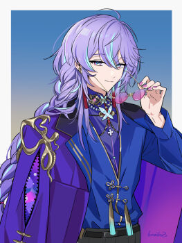 1boy alternate_costume attsei black_pants blue_background blue_hair blue_shirt border braid butterfly_brooch commentary_request earrings gold_trim gradient_background grey_eyes highres holding holding_removed_eyewear hoshirube_sho jacket jacket_on_shoulders jewelry long_hair looking_at_viewer male_focus mandarin_collar multicolored_hair nail_polish nijisanji pants pink-tinted_eyewear pink_nails purple_hair purple_jacket purple_shirt shirt sidelocks smile solo streaked_hair sunglasses tassel tassel_earrings tinted_eyewear twitter_username undershirt unworn_eyewear upper_body very_long_hair virtual_youtuber yellow_background