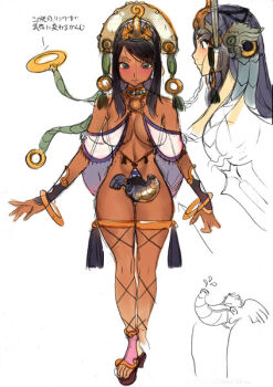 00s 10s 1girl ban!_(bansankan) black_eyes black_hair blush bracelet breasts reference_sheet cleavage crown dark-skinned_female dark_skin detached_sleeves elephant feet female_focus hip_focus jewelry luna_luna_(queen's_blade) necklace queen's_blade queen's_blade_rebellion revealing_clothes ring sandals see-through_clothes sketch solo thigh_strap toes translation_request wide_hips