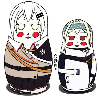 2girls black_skirt blue_hairband blush girls'_frontline hairband kyosef long_hair matryoshka_doll multiple_girls red_eyes red_lips russian_flag skirt sv-98_(girls'_frontline) svd_(girls'_frontline) white_background white_hair