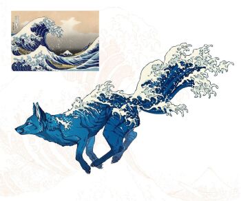animal animal_focus animalization blue_fur closed_mouth commentary english_commentary fine_art_parody foam foaming_waves fox from_side full_body juli_artwork kanagawa_okinami_ura liquid looking_ahead material_growth no_humans original parody profile realistic reference_inset running solo water waving